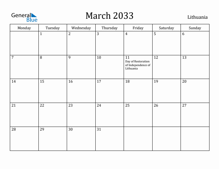 March 2033 Calendar Lithuania