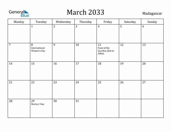 March 2033 Calendar Madagascar
