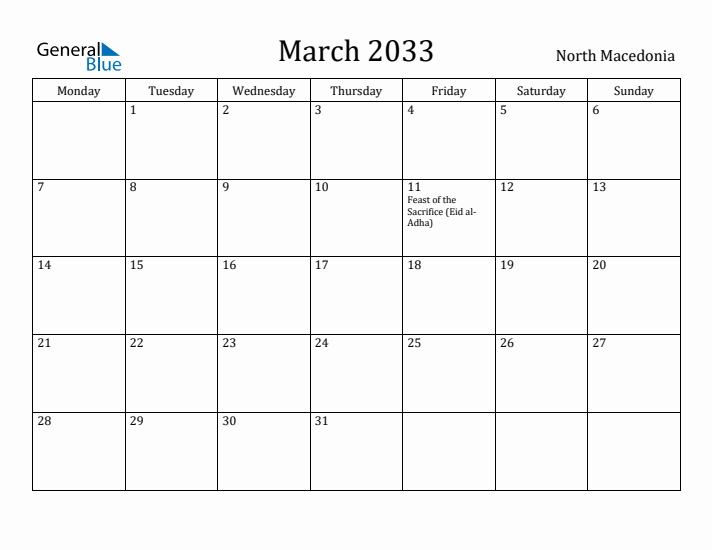 March 2033 Calendar North Macedonia