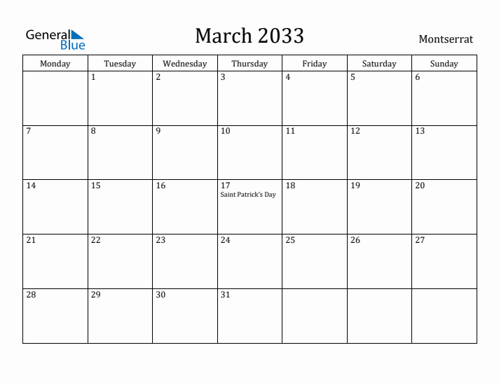 March 2033 Calendar Montserrat