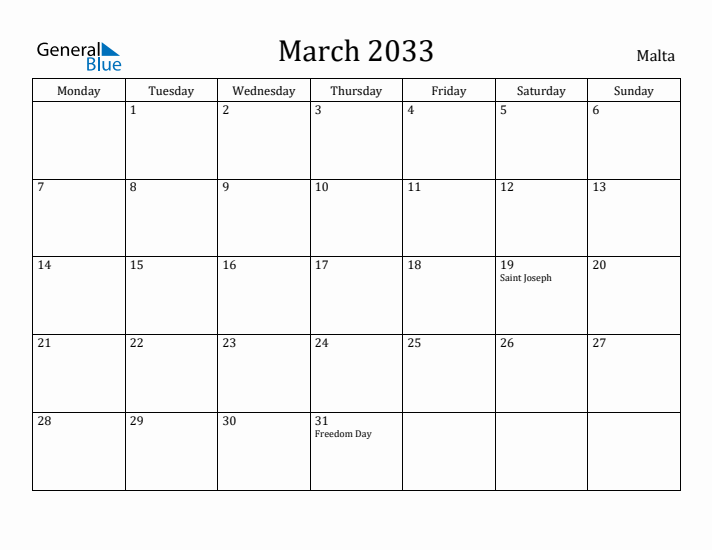 March 2033 Calendar Malta