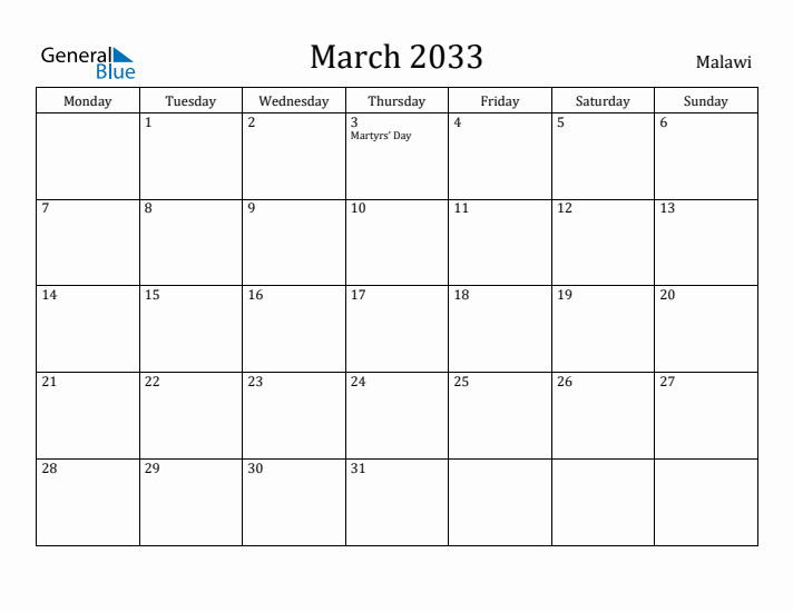 March 2033 Calendar Malawi