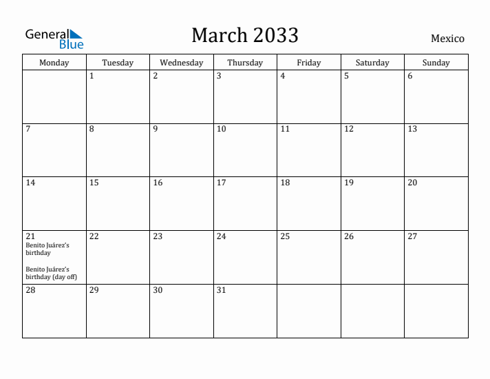 March 2033 Calendar Mexico
