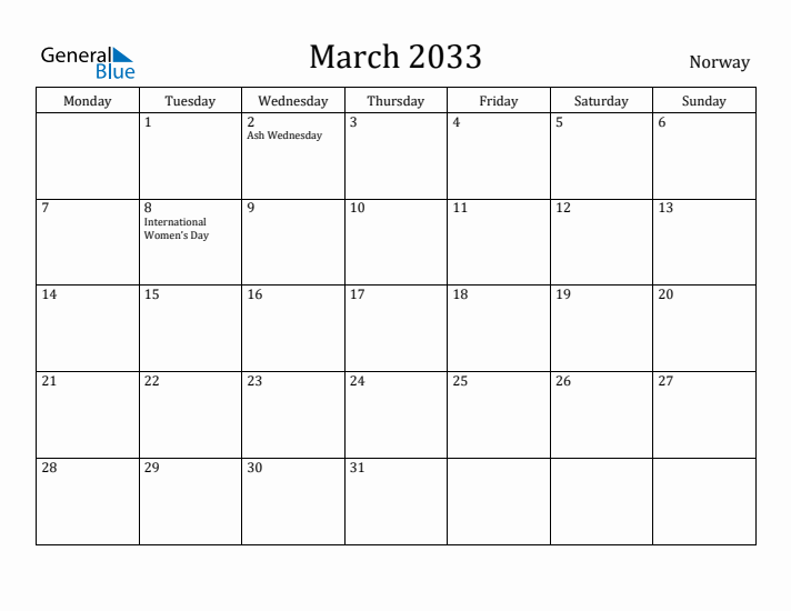 March 2033 Calendar Norway