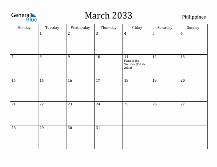 March 2033 Calendar Philippines