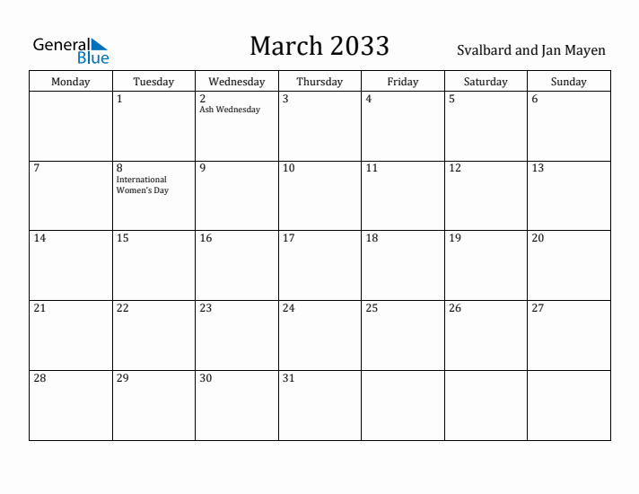 March 2033 Calendar Svalbard and Jan Mayen