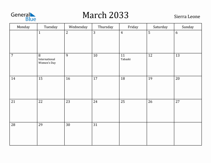 March 2033 Calendar Sierra Leone