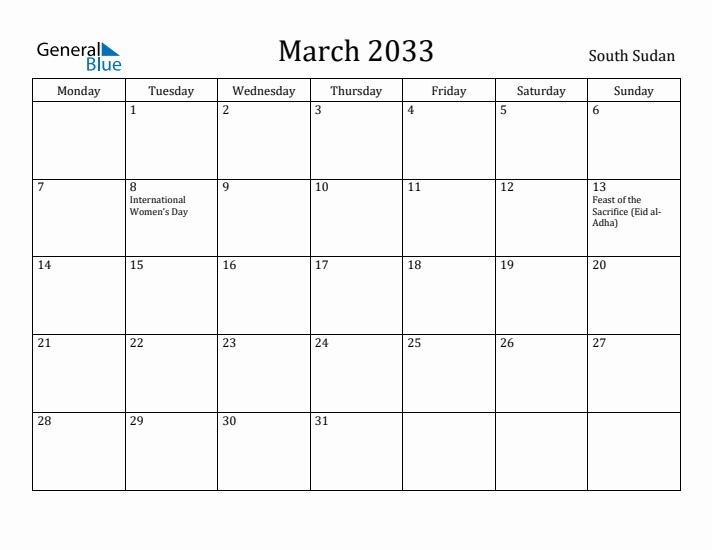 March 2033 Calendar South Sudan