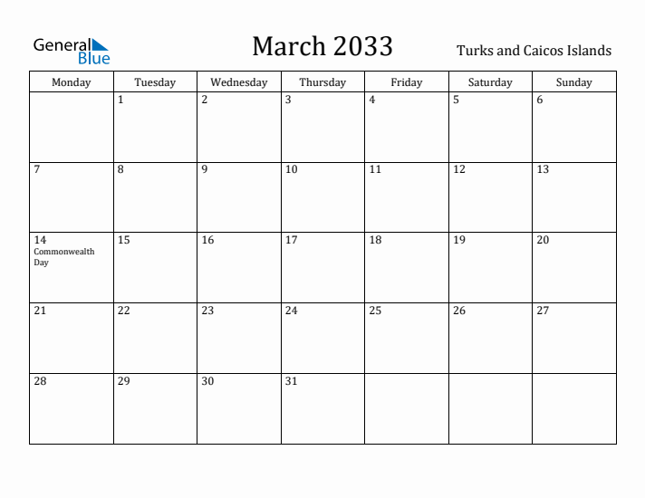 March 2033 Calendar Turks and Caicos Islands
