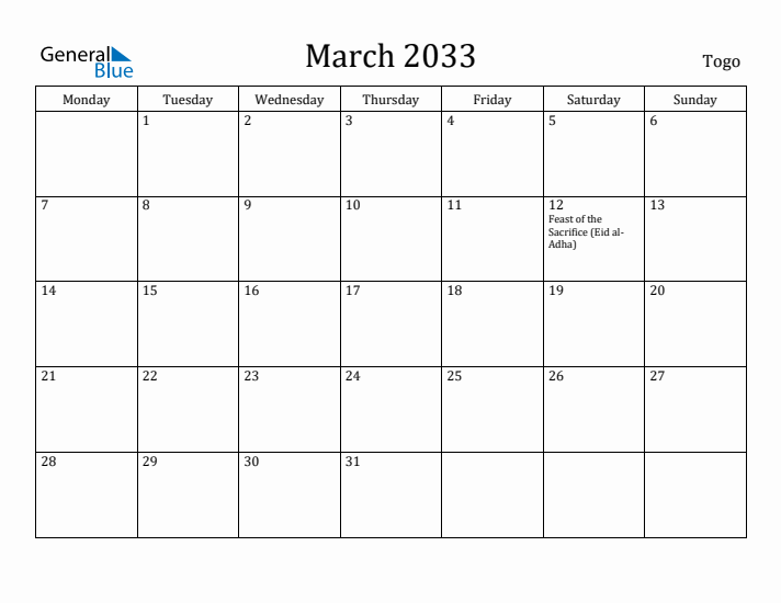 March 2033 Calendar Togo