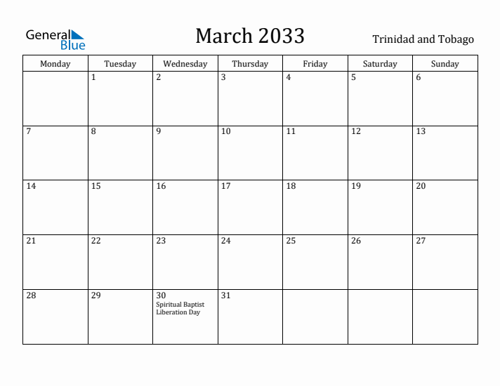 March 2033 Calendar Trinidad and Tobago