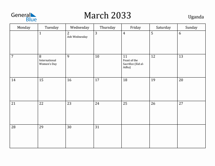 March 2033 Calendar Uganda
