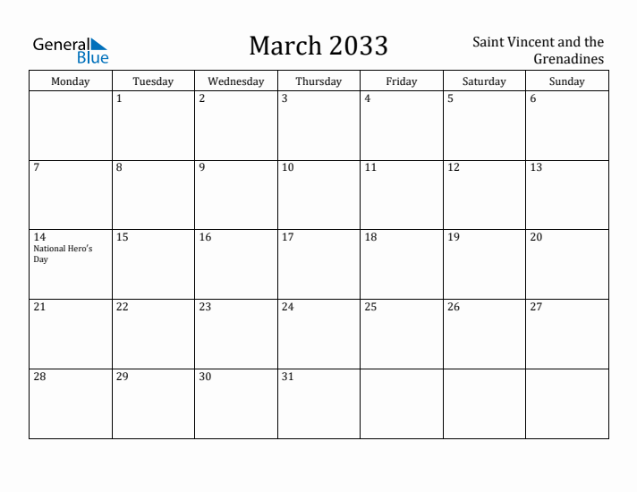 March 2033 Calendar Saint Vincent and the Grenadines