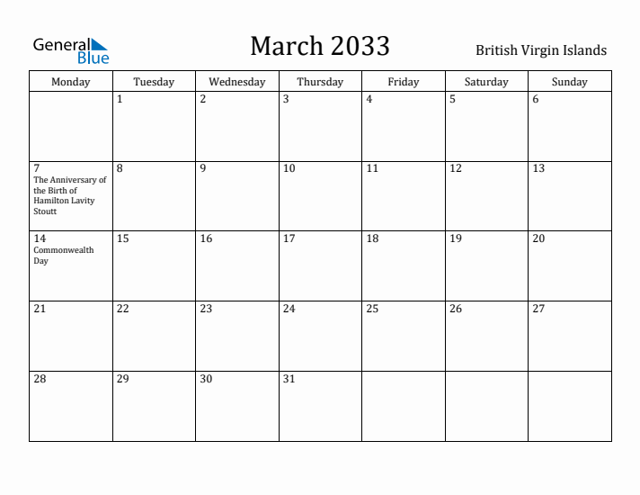 March 2033 Calendar British Virgin Islands