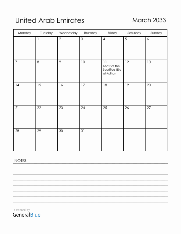 March 2033 United Arab Emirates Calendar with Holidays (Monday Start)