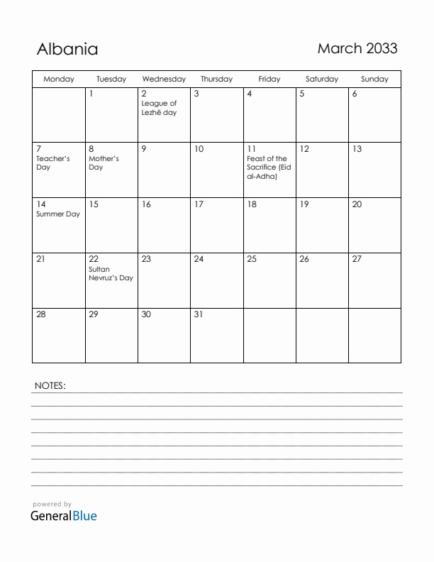March 2033 Albania Calendar with Holidays (Monday Start)