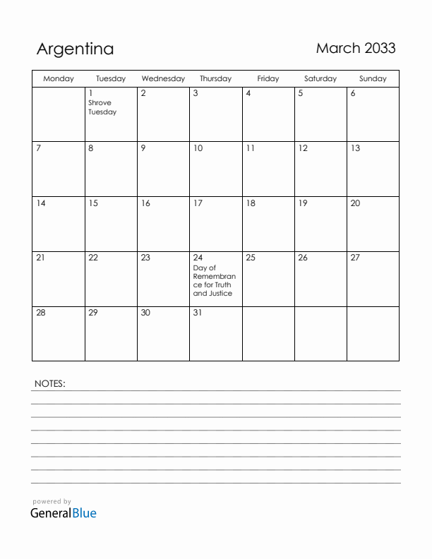 March 2033 Argentina Calendar with Holidays (Monday Start)