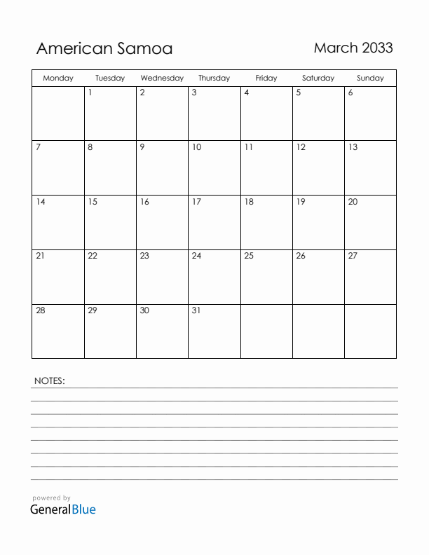 March 2033 American Samoa Calendar with Holidays (Monday Start)