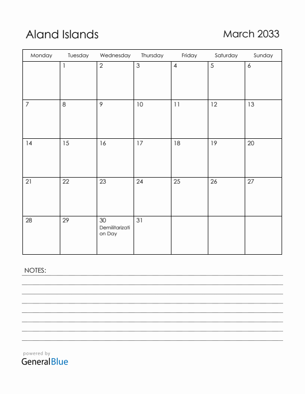 March 2033 Aland Islands Calendar with Holidays (Monday Start)