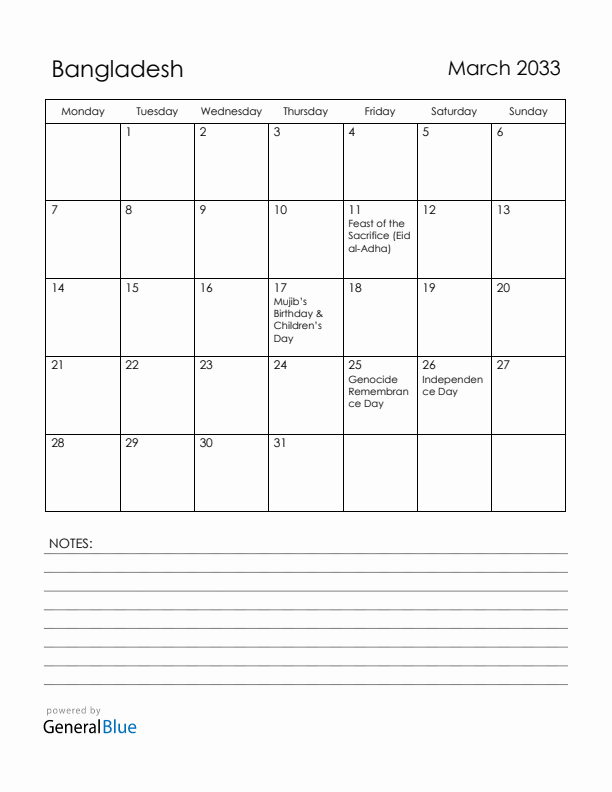 March 2033 Bangladesh Calendar with Holidays (Monday Start)