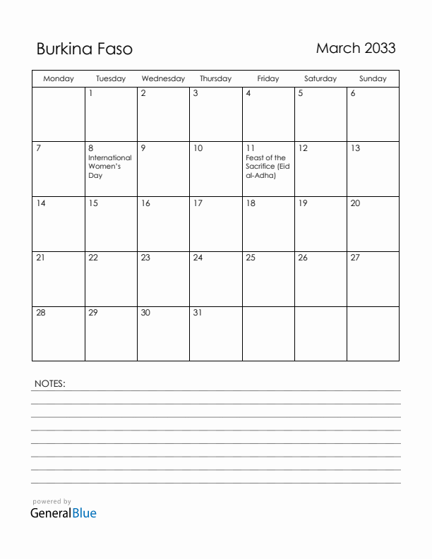 March 2033 Burkina Faso Calendar with Holidays (Monday Start)