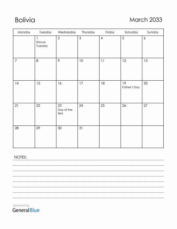 March 2033 Bolivia Calendar with Holidays (Monday Start)
