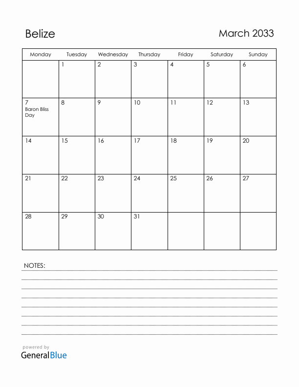 March 2033 Belize Calendar with Holidays (Monday Start)