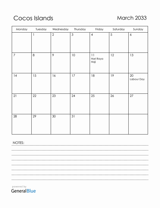 March 2033 Cocos Islands Calendar with Holidays (Monday Start)