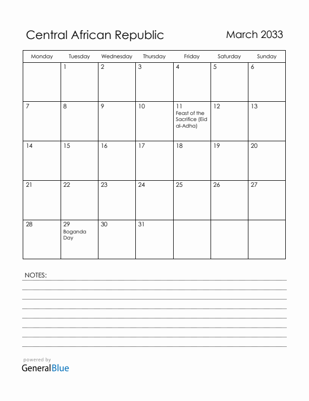 March 2033 Central African Republic Calendar with Holidays (Monday Start)