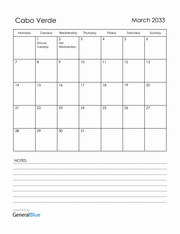 March 2033 Cabo Verde Calendar with Holidays (Monday Start)