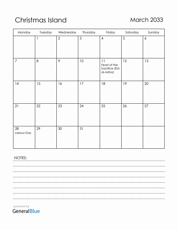 March 2033 Christmas Island Calendar with Holidays (Monday Start)