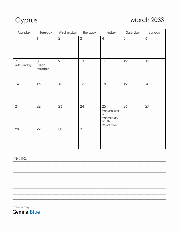 March 2033 Cyprus Calendar with Holidays (Monday Start)