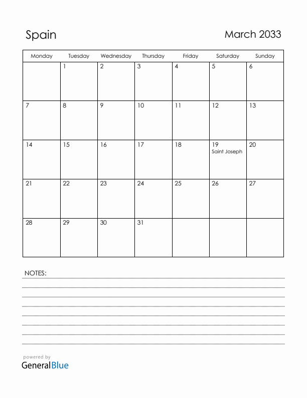 March 2033 Spain Calendar with Holidays (Monday Start)