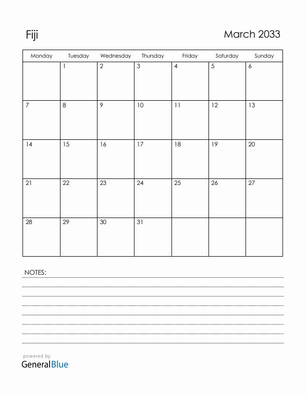 March 2033 Fiji Calendar with Holidays (Monday Start)