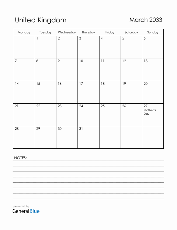 March 2033 United Kingdom Calendar with Holidays (Monday Start)
