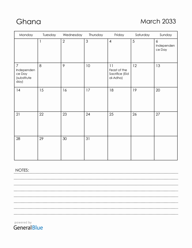 March 2033 Ghana Calendar with Holidays (Monday Start)