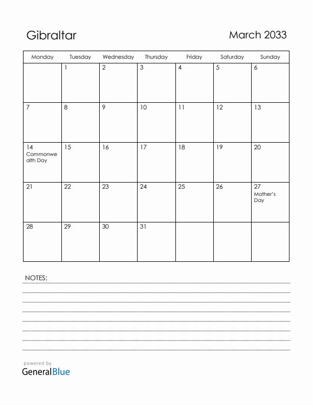 March 2033 Gibraltar Calendar with Holidays (Monday Start)