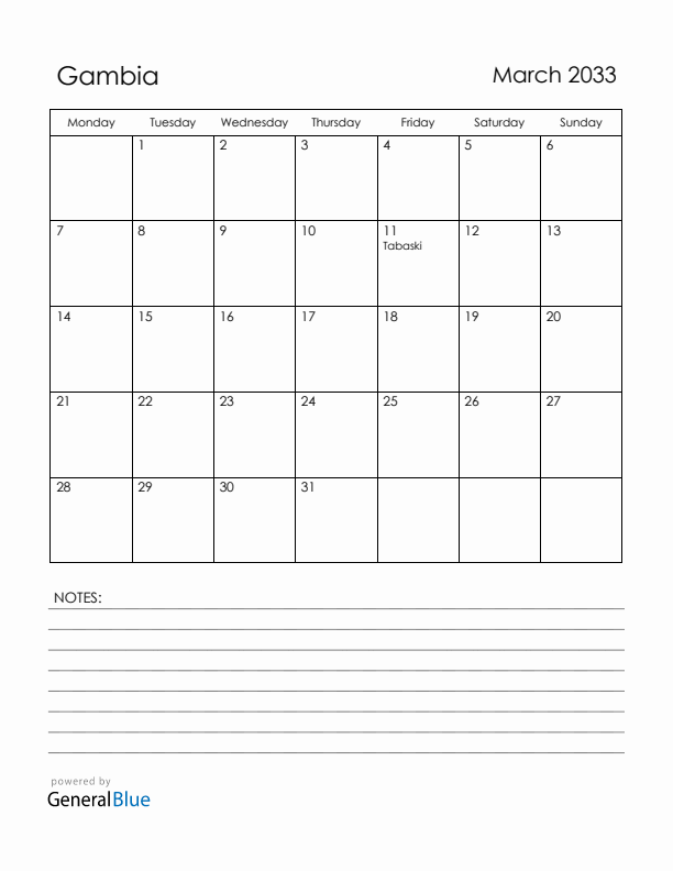 March 2033 Gambia Calendar with Holidays (Monday Start)