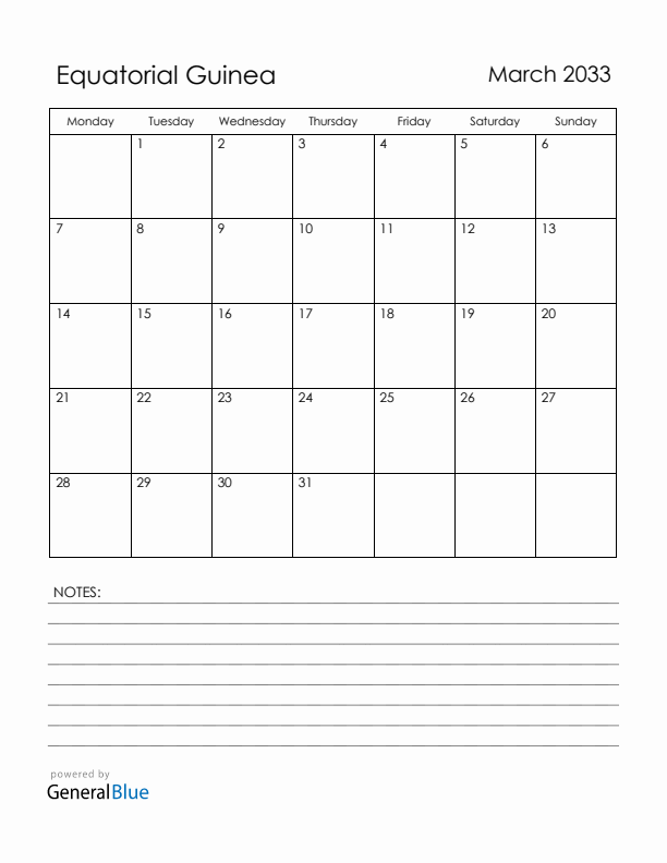 March 2033 Equatorial Guinea Calendar with Holidays (Monday Start)