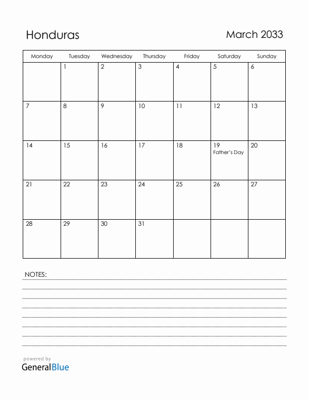 March 2033 Honduras Calendar with Holidays (Monday Start)