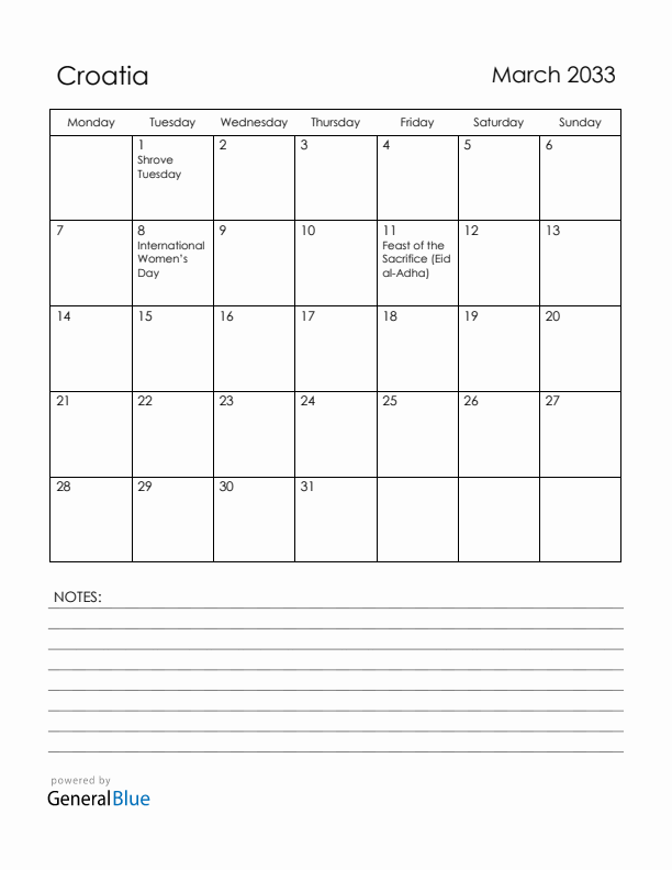 March 2033 Croatia Calendar with Holidays (Monday Start)