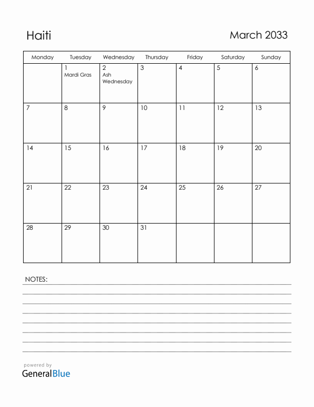 March 2033 Haiti Calendar with Holidays (Monday Start)