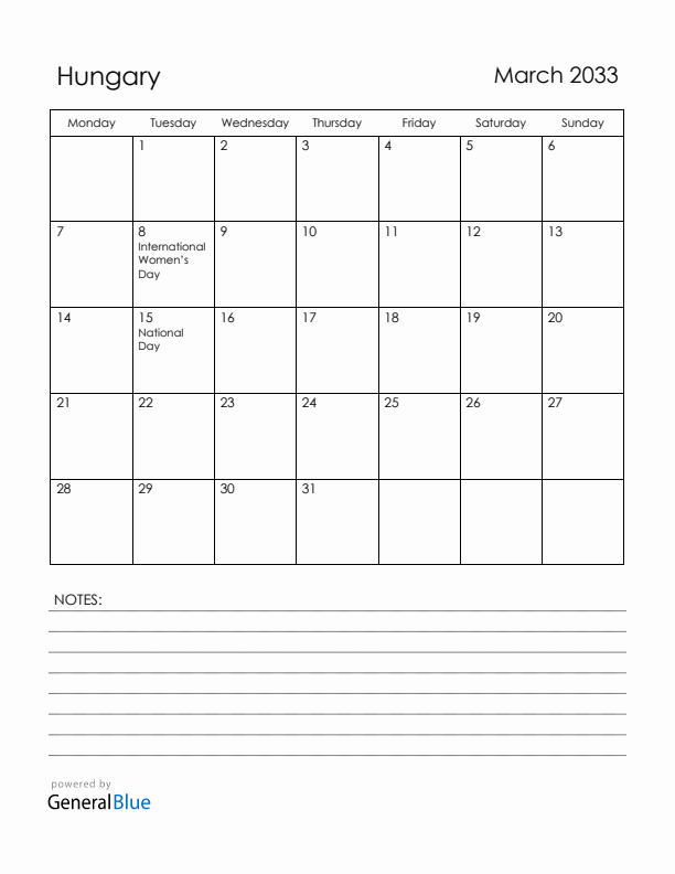 March 2033 Hungary Calendar with Holidays (Monday Start)