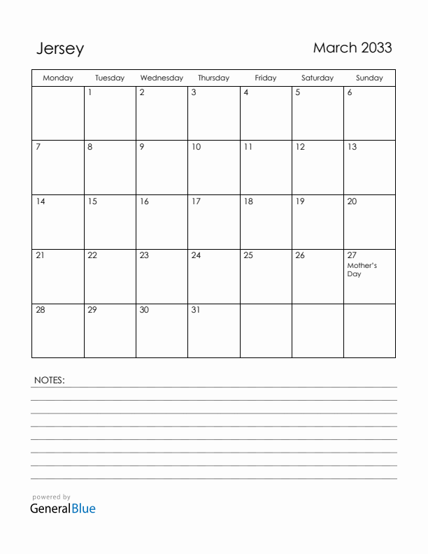 March 2033 Jersey Calendar with Holidays (Monday Start)