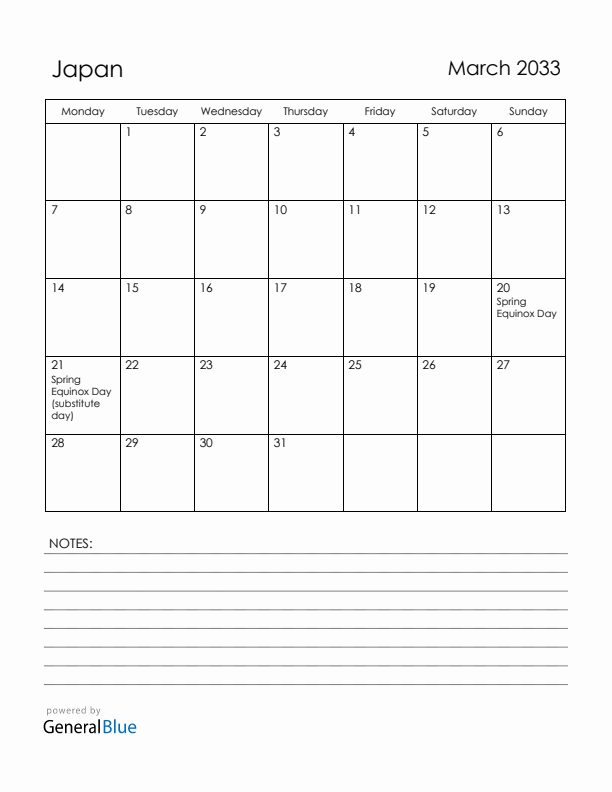 March 2033 Japan Calendar with Holidays (Monday Start)