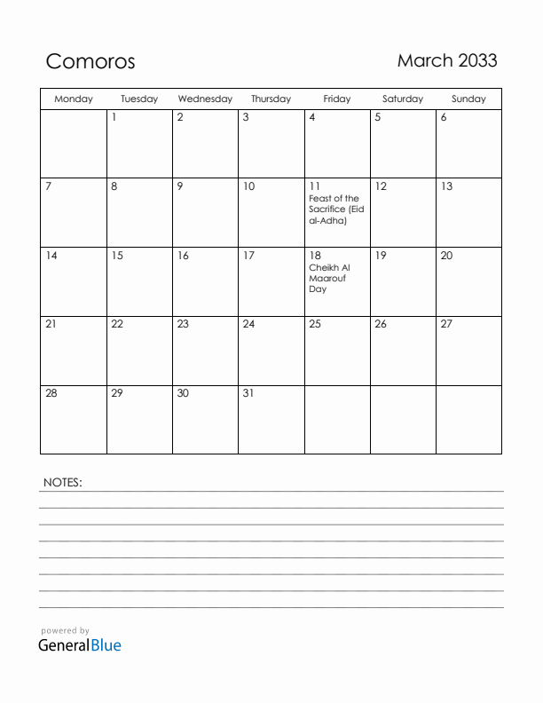 March 2033 Comoros Calendar with Holidays (Monday Start)