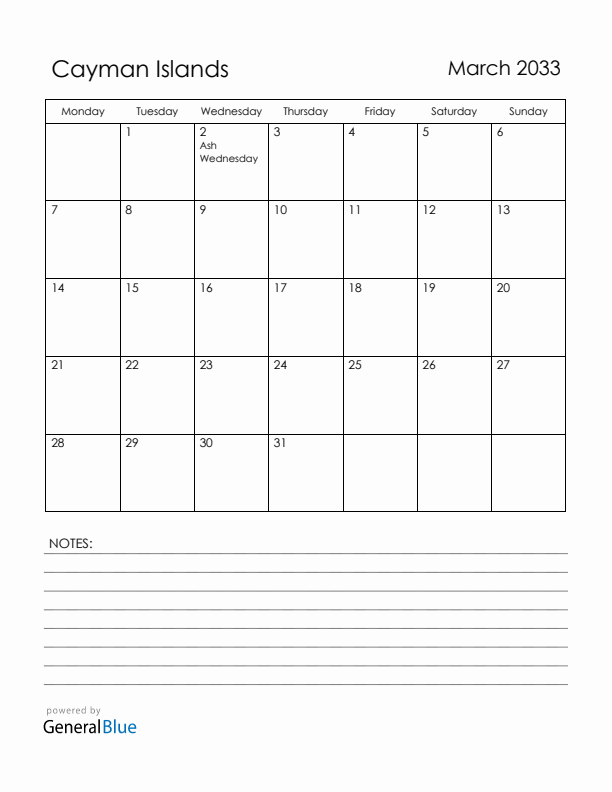 March 2033 Cayman Islands Calendar with Holidays (Monday Start)