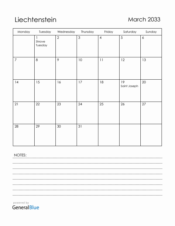 March 2033 Liechtenstein Calendar with Holidays (Monday Start)
