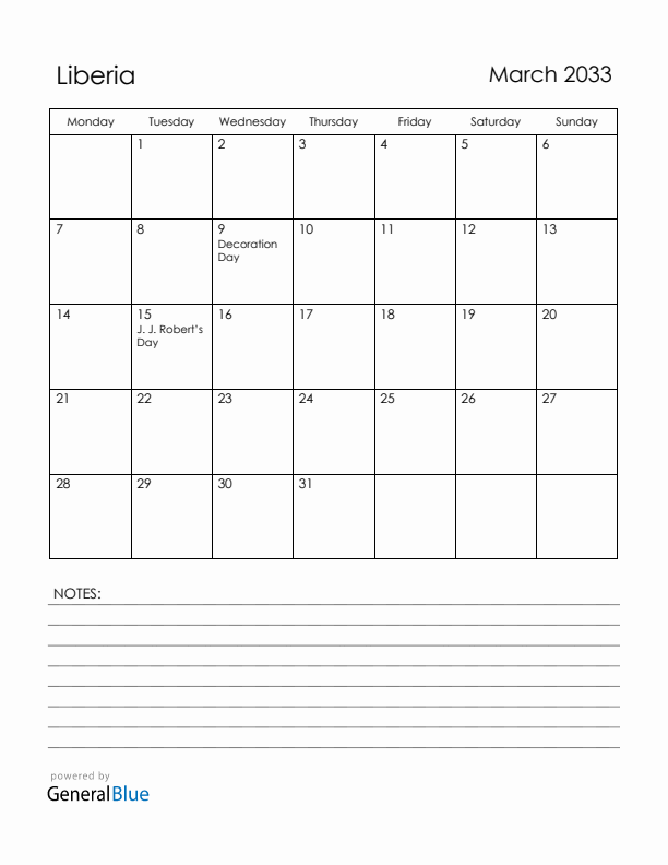 March 2033 Liberia Calendar with Holidays (Monday Start)