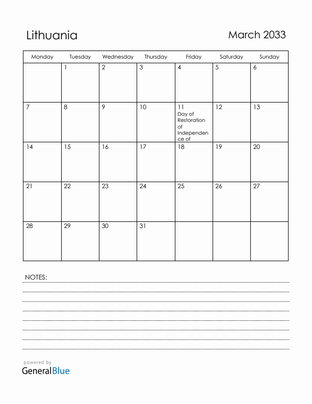 March 2033 Lithuania Calendar with Holidays (Monday Start)